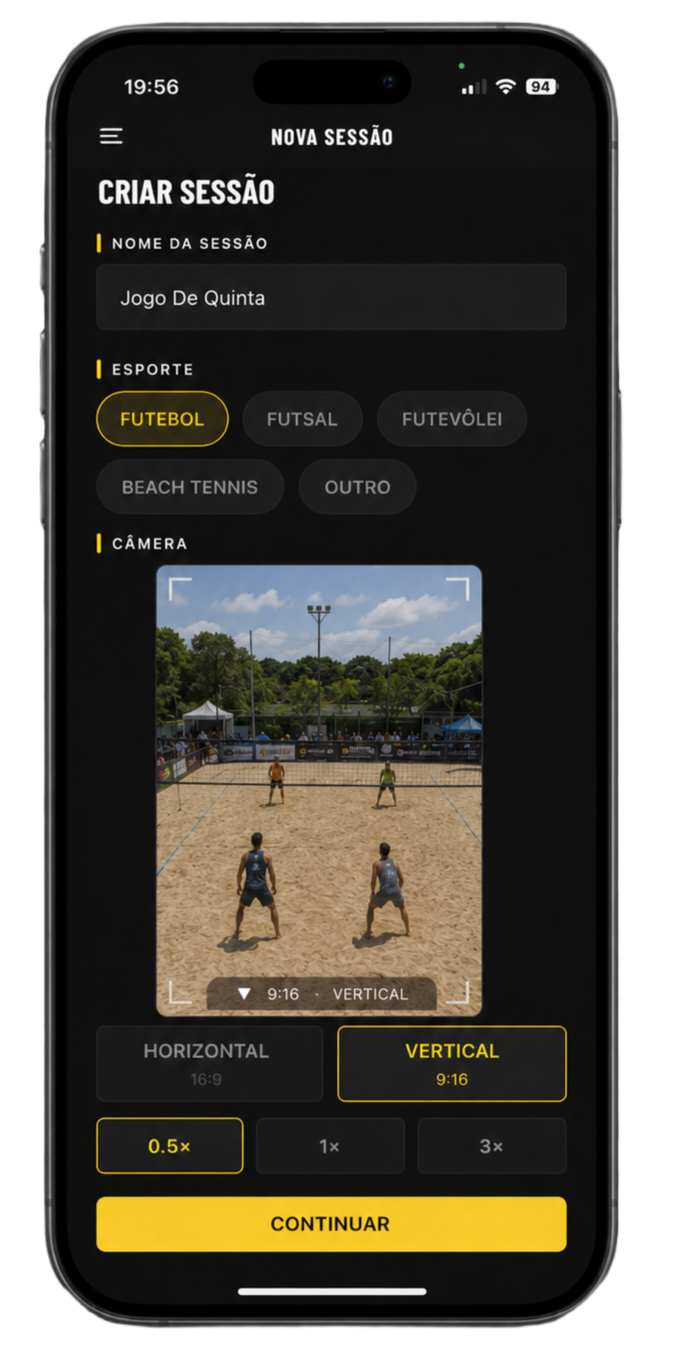 Tela de criação de sessão no app Filma Fácil GO