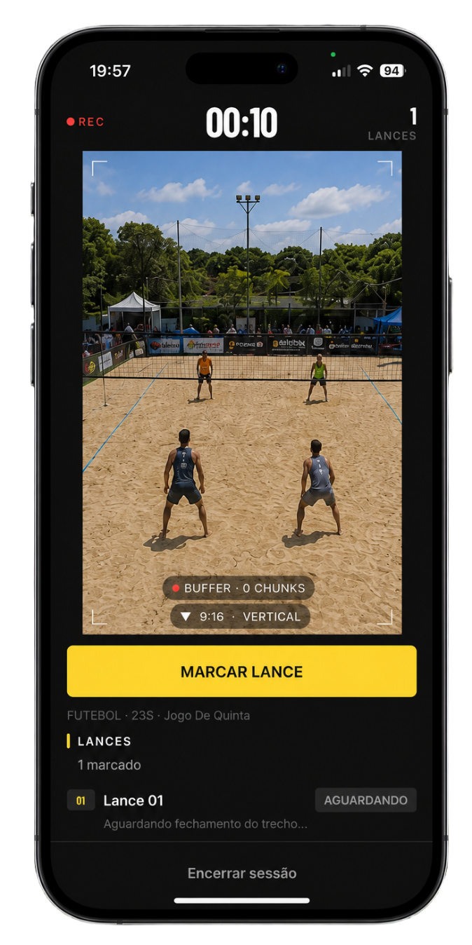 Tela de gravação e marcação de lances no app Filma Fácil GO