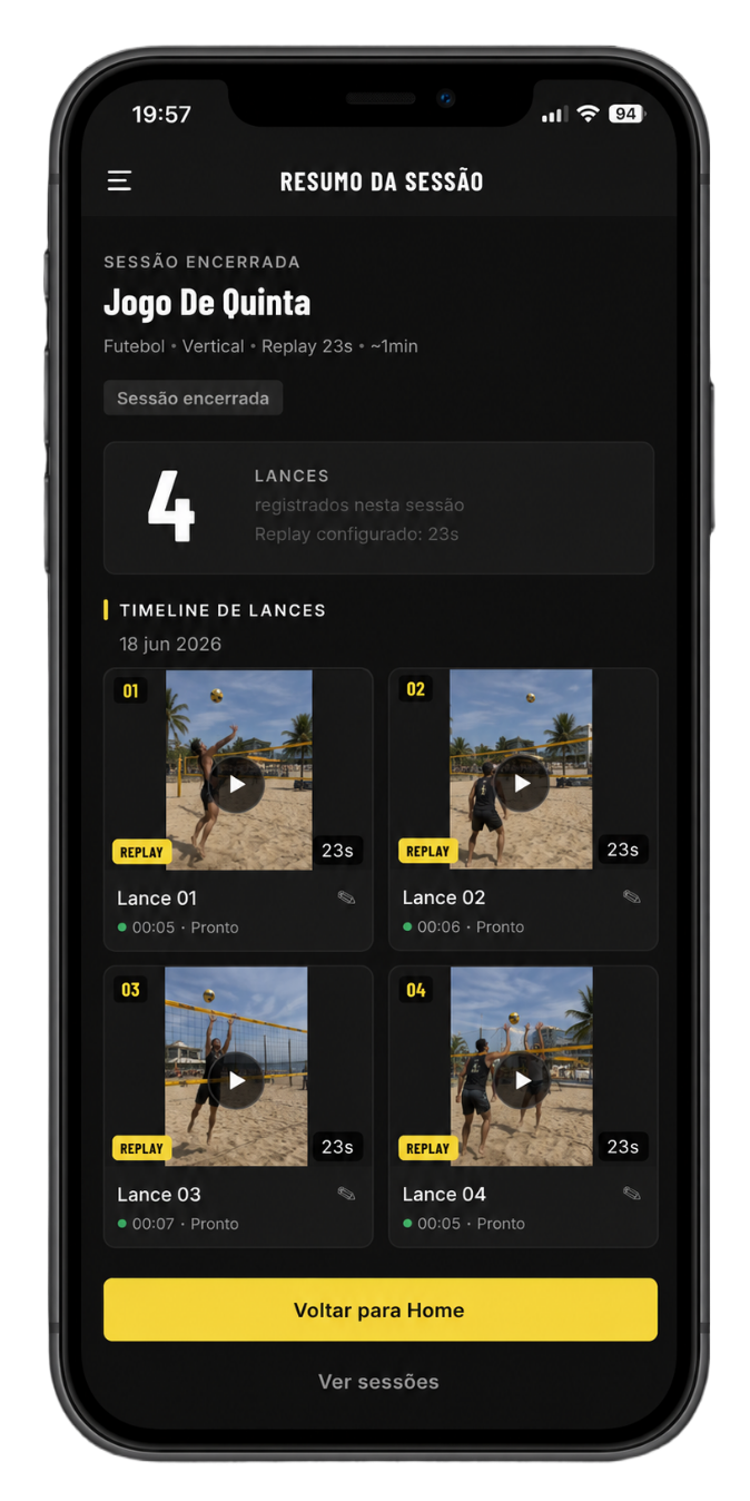 Tela de resumo e replays no app Filma Fácil GO